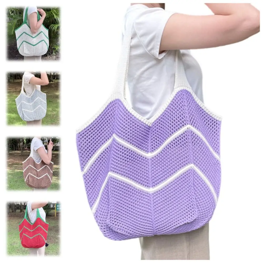 

Trendy Bohemian Knitted Shoulder Bag Hollowed Out Sweet Casual Woven Handbag Soft Large Capacity Crochet Tote Bag Female