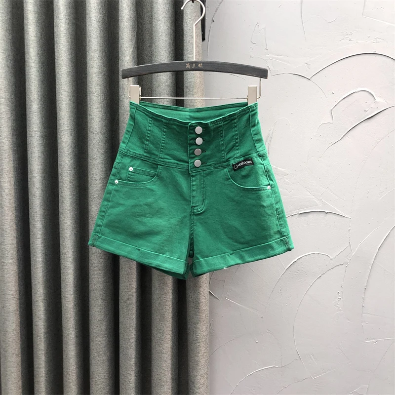 

European style green high waisted denim shorts for women 2025 new summer fashion loose and casual A-line wide leg hot pants