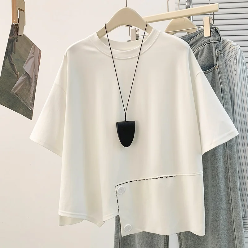 

Летняя новинка: корейский дизайн, утягивающая футболка больших размеров с коротким рукавом, модная городская модель для повседневной носки, из смесового хлопка и полиэстера, с круглым вырезом.