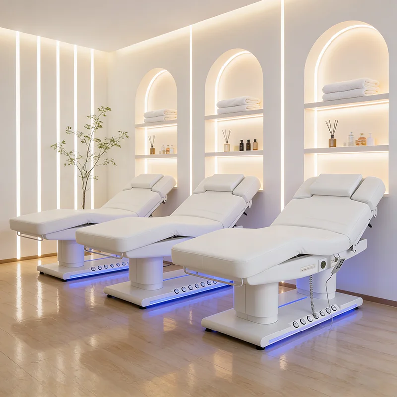 Multifunctional Smart Beauty Bed with Adjustable Hand and Footrests and Side-controlled Ambient Lighting, for Beauty Salons.