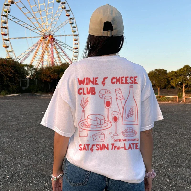 Retro Style Wine Cheese Club Graphic Tees Women Cute Funny Food Lover T Shirt Loose Vintage Streetwear Tshirt Unisex Fashion Top