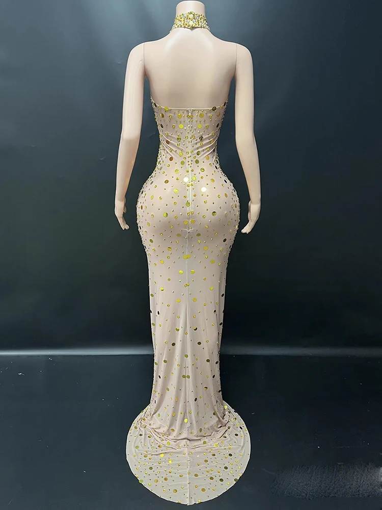 고품질 라인스톤 섹시한 홀터넥 백리스 탄성 드레스 2025 신상 맞춤 여성 의류