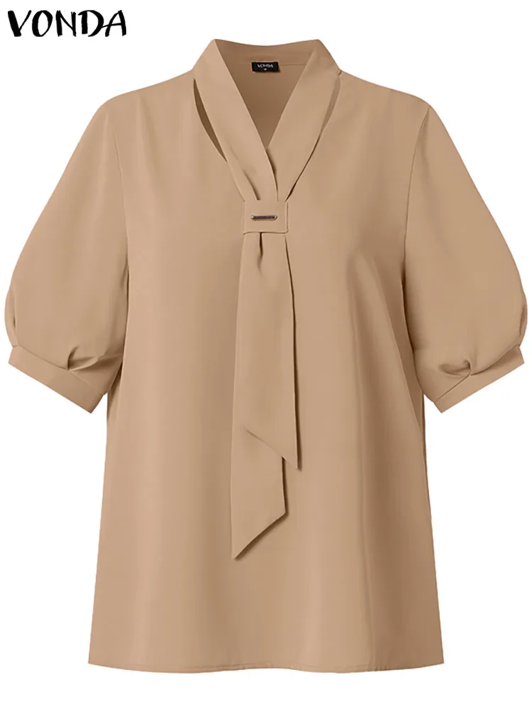 VONDA letnia bluzka damska topy 2025 Casual szyfonowe koszule z krótkim rękawem luźna jednokolorowa tunika Blusas Femininas