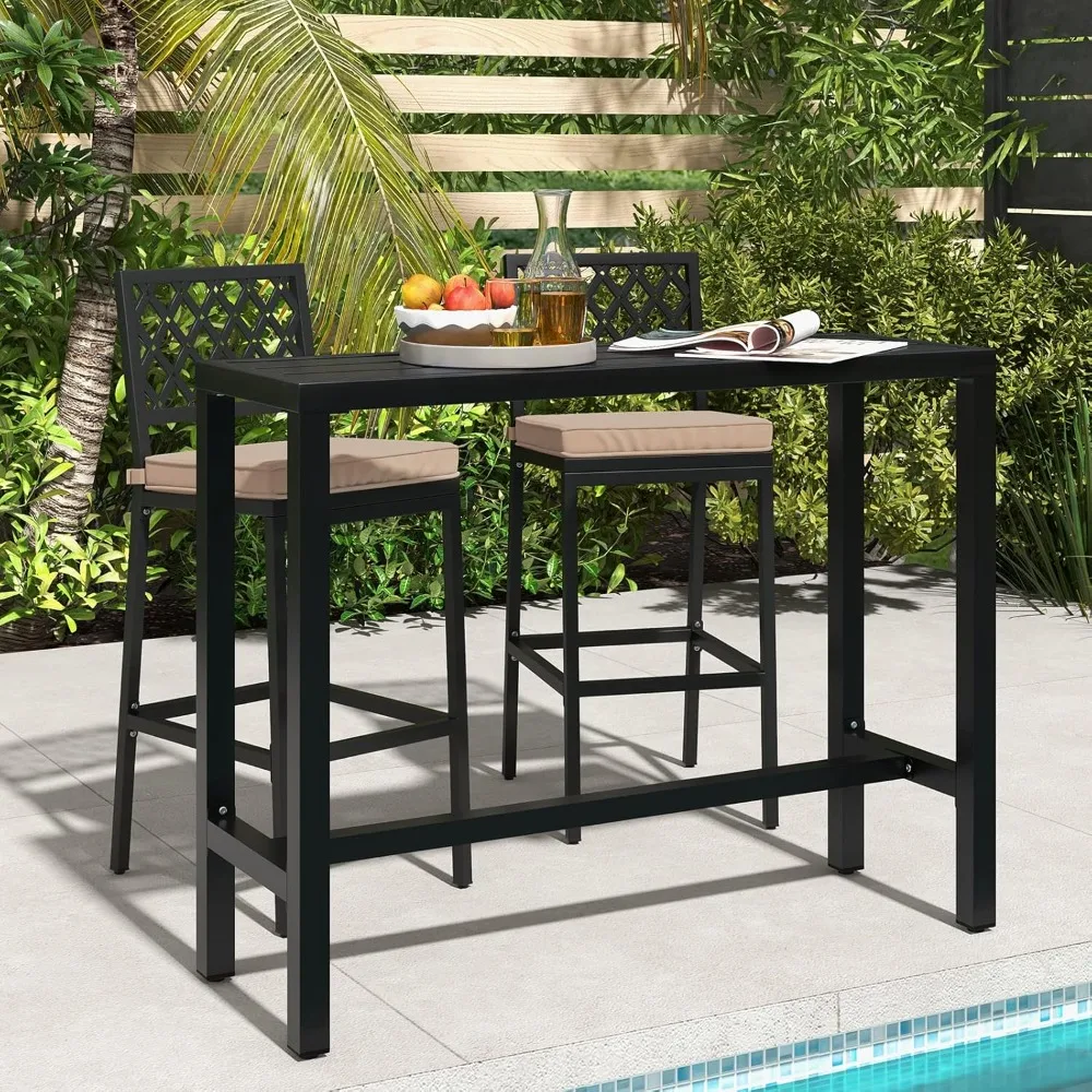 

3 Piece Outdoor Bar Table and Chairs Set, 48" Pub Height Bar Table & 2 Cushioned Bar Stools with Rhombus Backrest