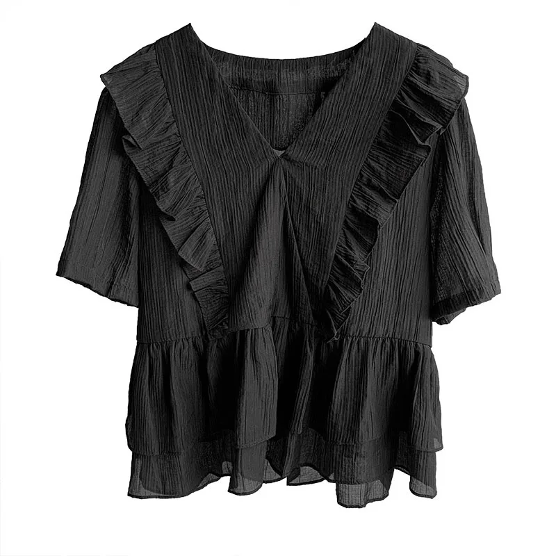 Blusa de manga corta con cuello en V para mujer, blusa fina de Color sólido, Top informal de manga abombada Retro Simple, 2022