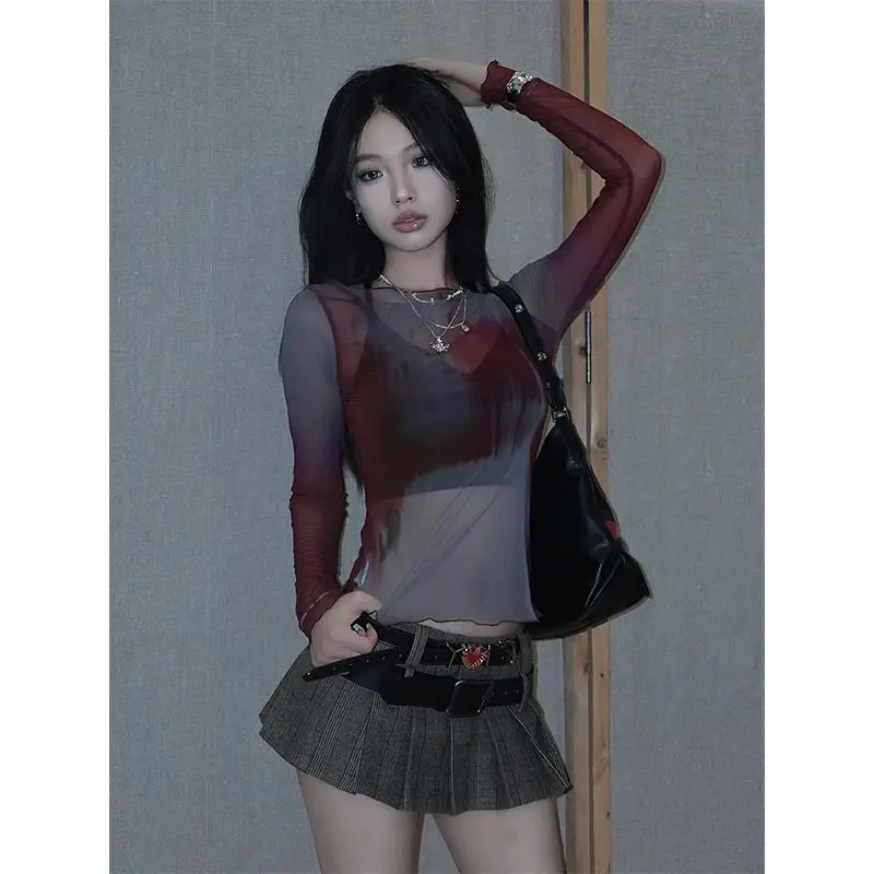 Yedinas Sheer Mesh Tops Long Sleeve Thin T Shirt Women Clothes Korean Fashion Gothic Tie Dye Tee Shirt Femme Chic Y2k Tshirts