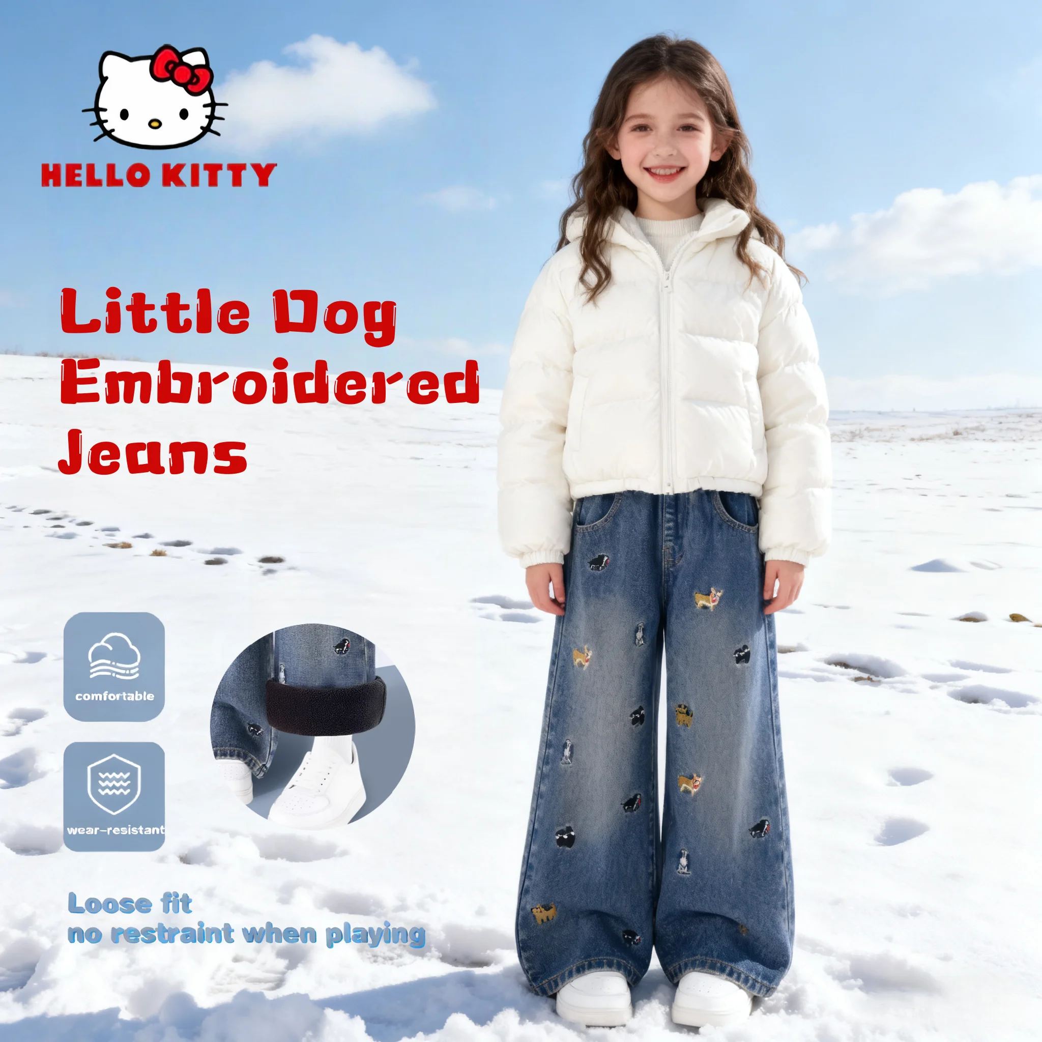 

Hello Kitty Kids Plush Liner Jeans Winter Windproof Cute Puppy Embroidery Denim Pants Children Warm-keeping Cold-resistant Jeans