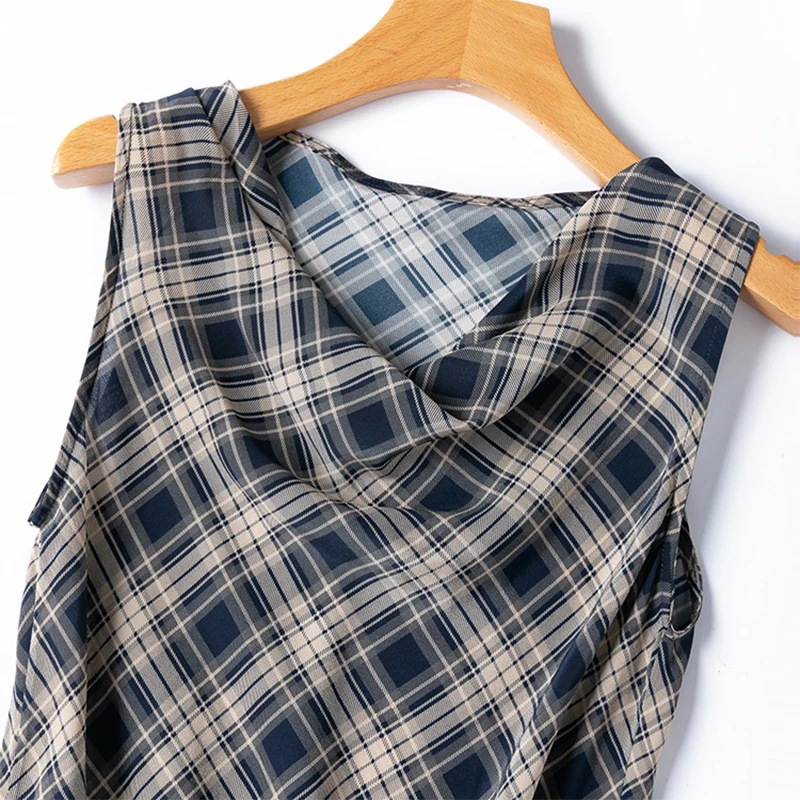 Women Silk Tank Top 100% Mulberry Silk Crepe Silk Camel Checked Cowl Neck Vest Sleeveless Shirt 2027 Summer Beach M1407