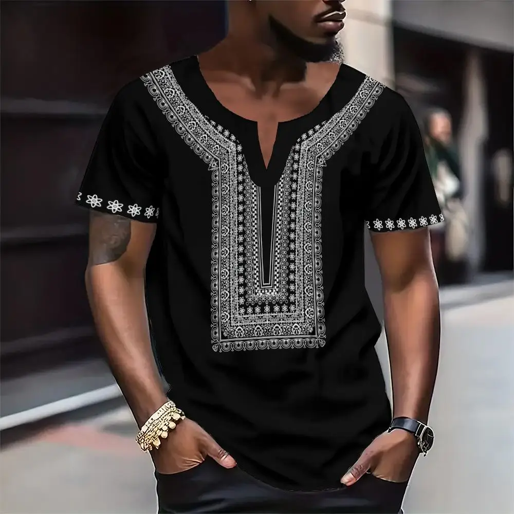New Fashion V-Neck T Shirt For Men African Daily Casual Family Men T-Shirt Oversize Pullover Short Sleeve T-Shirt For Men
