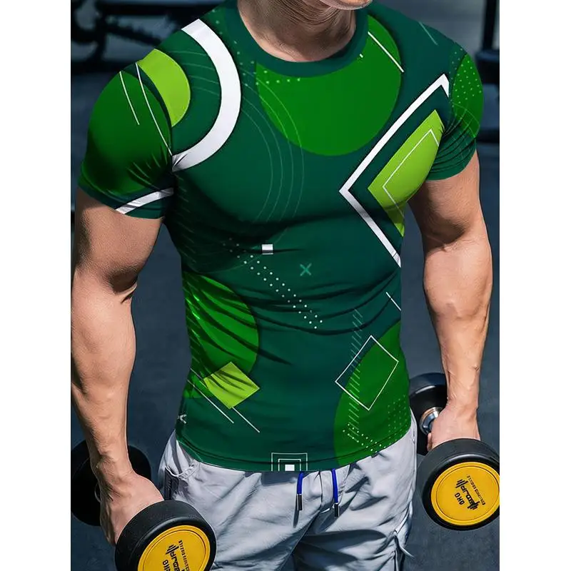 Western Style Print Men's Quick Dry Athletic T Shirt Stretchy Tight Muscle Emphasizing Fitness Wear Cycling Running Training