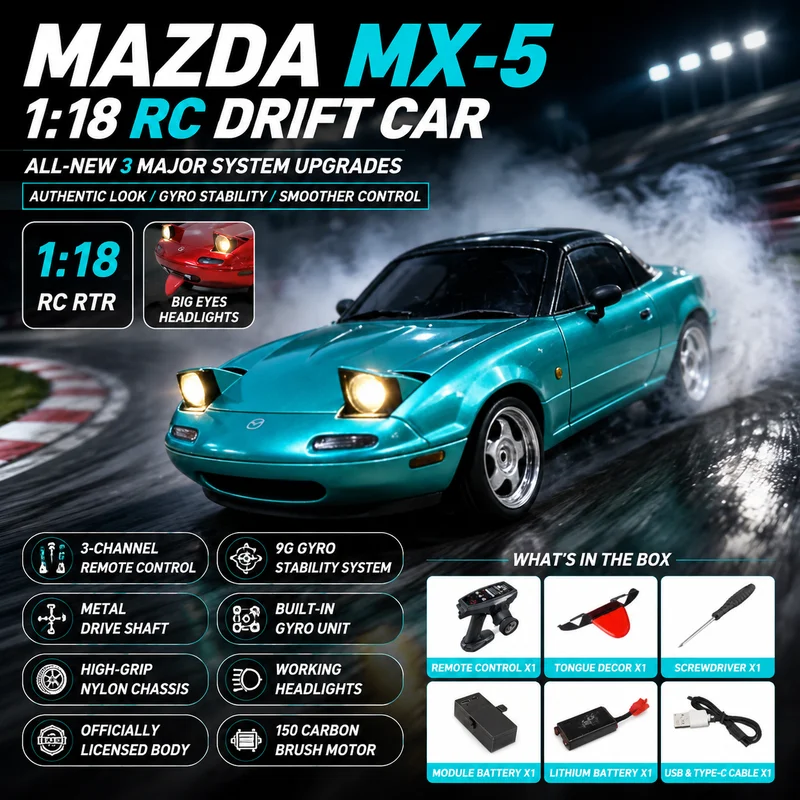 

1:18 Miata MX-5 RC Drift Car 2026 LD1804 Gyro Version RTR LED Headlight Funny Tongue 2.4G Remote Control Car