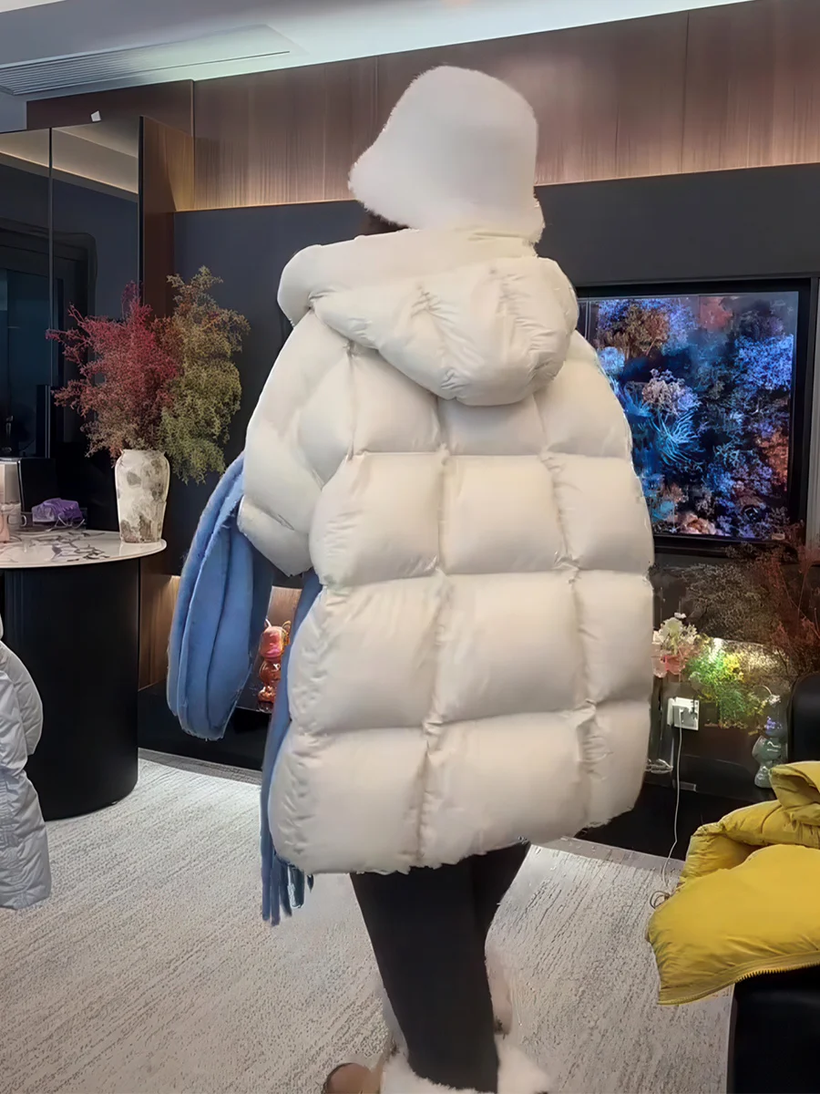 Invierno Thiened con capucha de longitud media abajo Jaet mujer Beige Puff pan abrigo ropa de abrigo cálida Casual Sle blanco Du relleno de plumón