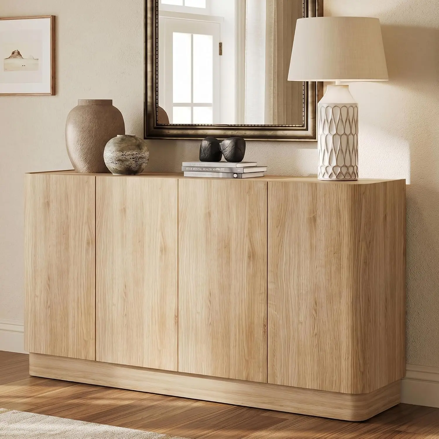 Large Sideboard Cabinet, 55in Oak Wood Adjustable Shelves, 210° Wide-Opening Handle-Free Door, Modern Rounded TV Console Living