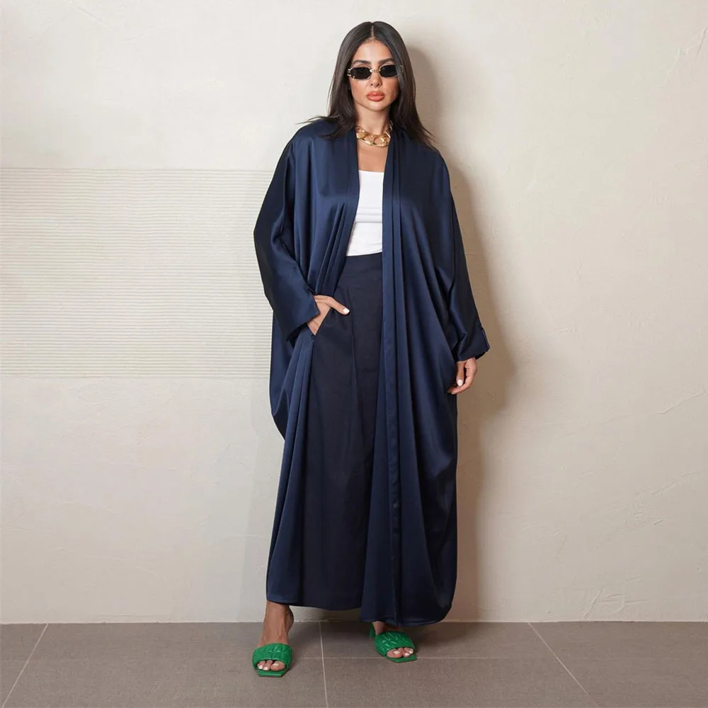 Bright Silk Satin Long Sleeve Cardigan Robe Modest Muslim Dubai Plus Size Kimono Open Abaya Dress Eid Ramadan Women Summer Abaya