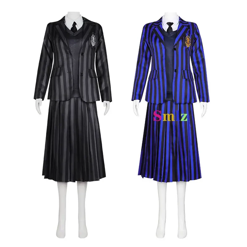 2025 New2 colores Anime Addams azul miércoles disfraz Cosplay chica escuela uniformes negros traje vestido mujer ropa de fiesta de Halloween AA