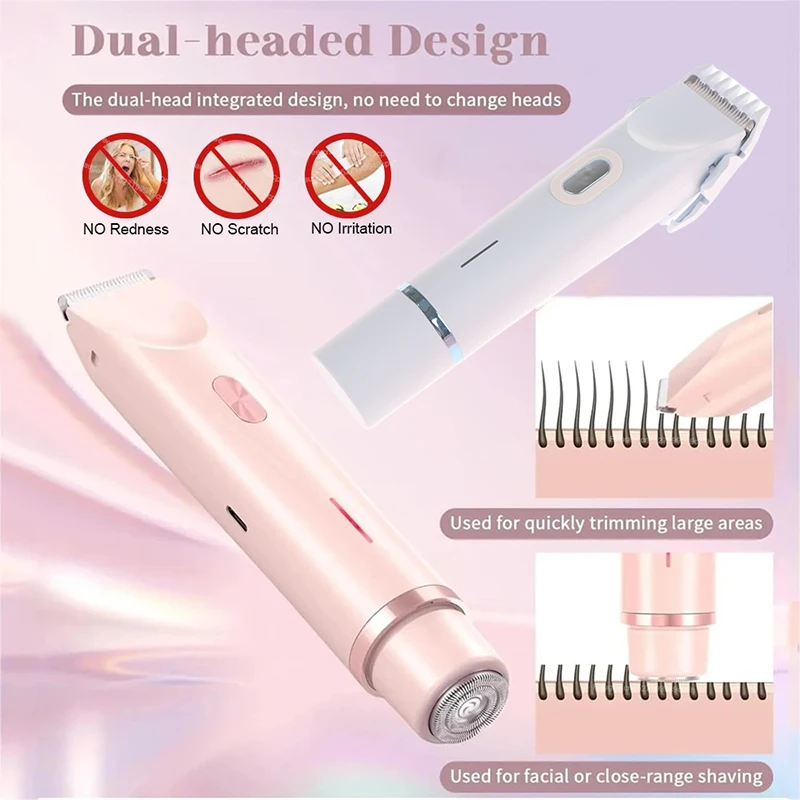 

Women Electric Razors 2 In 1 Dual-Head Painless Bikini Trimmer Wet Dry Use For Ladies Pubic Hair Detachable Head Electric Shaver
