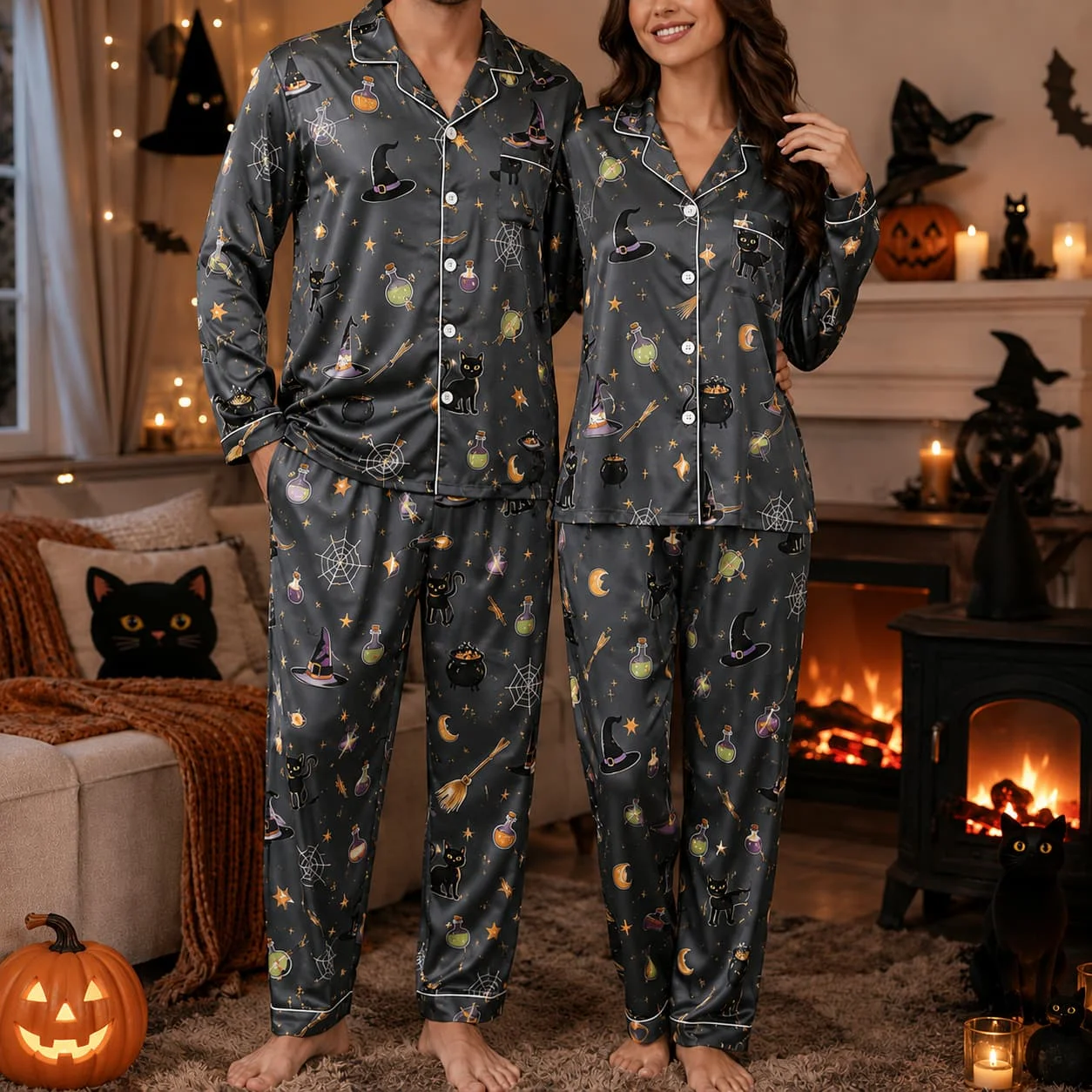 Halloween Witch Cat Potion Set Ice Silk Long Sleeve Long Pants Mens Pajama Set Womens Sleepwear Unisex Loungewear Home Clothing view 6