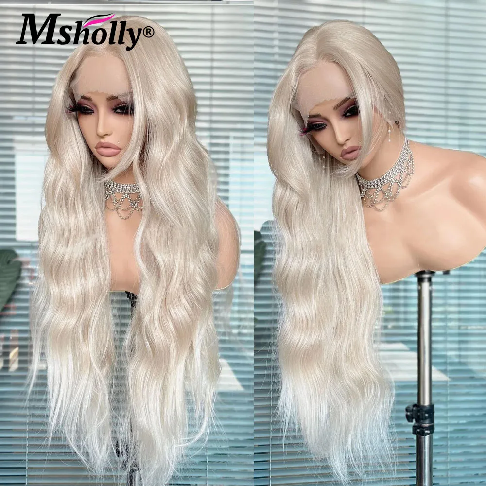 Msholly Christmas Platinum Blonde Body Wave 100% Human Hair Wig Pre Cut 13x6 Lace Wig 210% Density Cream Platinum Blonde Wigs