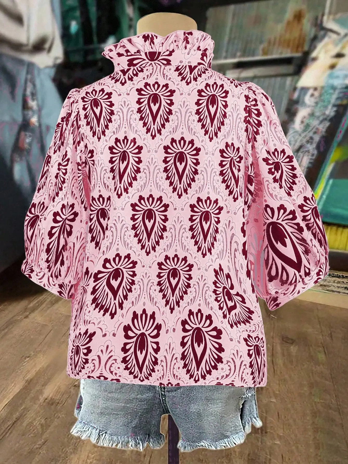 

Women's Puff Sleeve V-Neck Casual Boho Blouse With Ruffled Collar Floral Print Summer Top