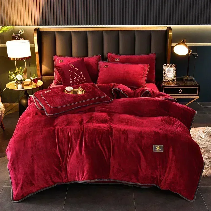High-end Milk Velvet Autumn Winter Warm Duvet Cover Set with Bed Sheet Quilt Cover and Pillowcases Warmth Cozy Bedding Set Quee