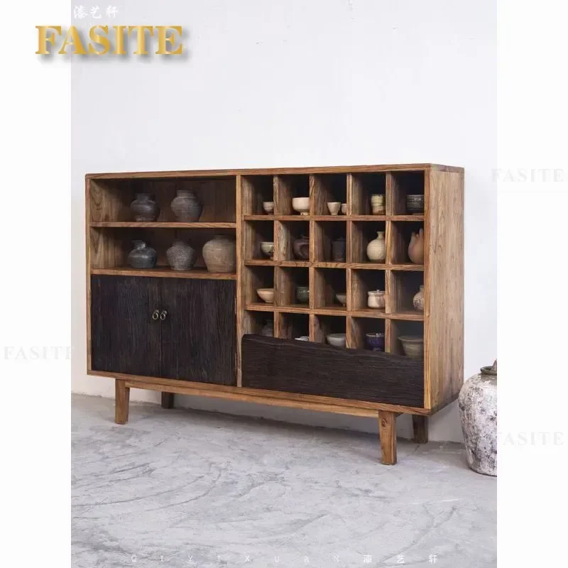 For Wabi Sand Wind Bogu Frame Old Elm Pavilion Shelf Solid Wood Storage Side Cabinet Homestay Tea Room Teacup Display