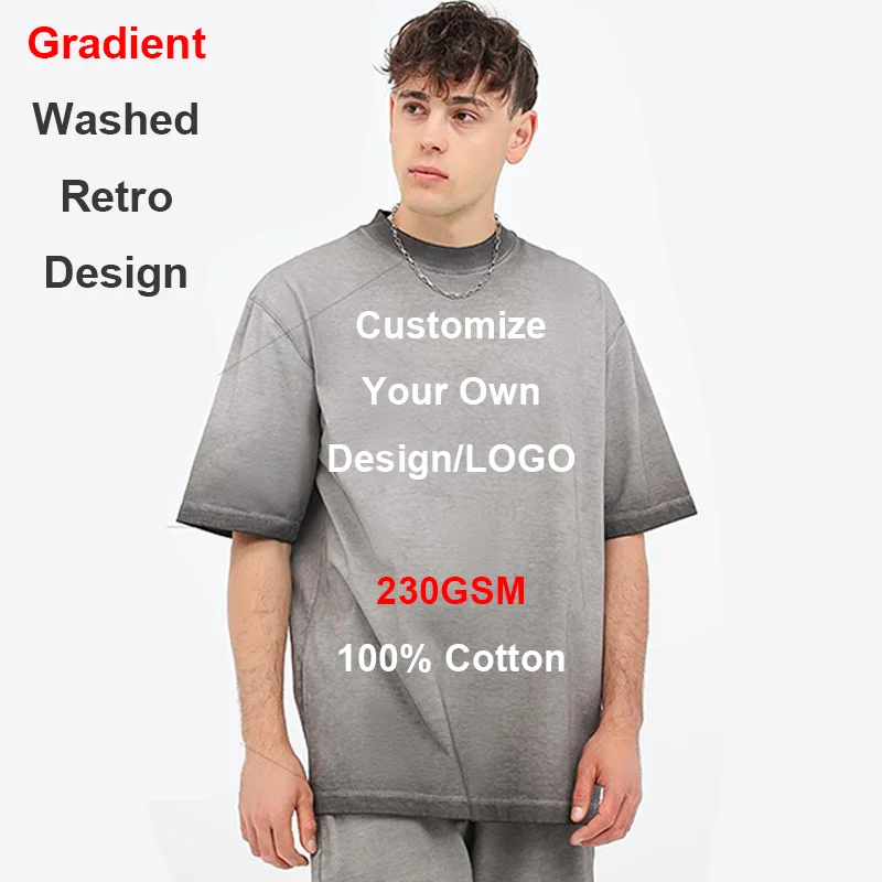 230GSM 10+ Colors Custom LOGO Free Printed Front And Back Hip Hop Gradient Washed Color Retro Street wear 100% Cotton T shirt
