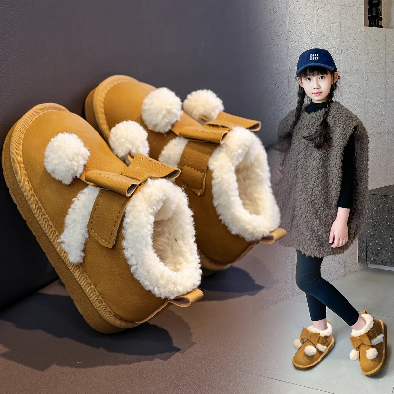 الأطفال طفل الثلوج الأحذية 2-16 سنة الأصفر القوس شعري الفتيات أحذية قطنية بني داكن مائة المضادة للانزلاق الاطفال أحذية بوت قصيرة #2