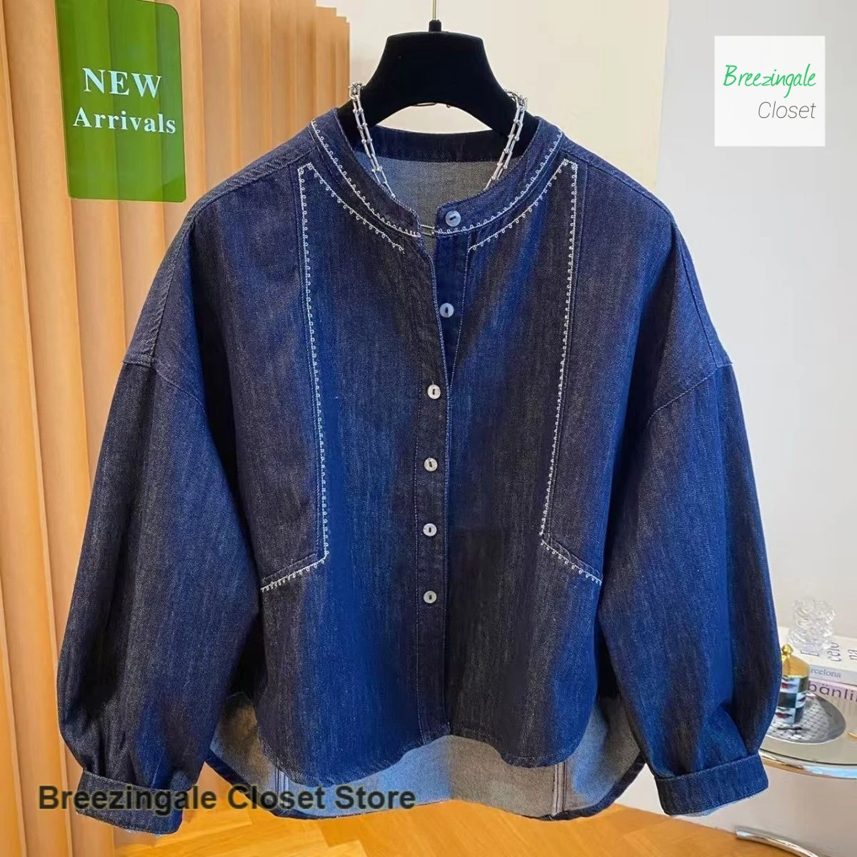 سترة قميص جينز برقبة دائرية متقدمة على الطراز الكوري للنساء للربيع والخريف سترة علوية رفيعة فضفاضة غير رسمية للغاية.