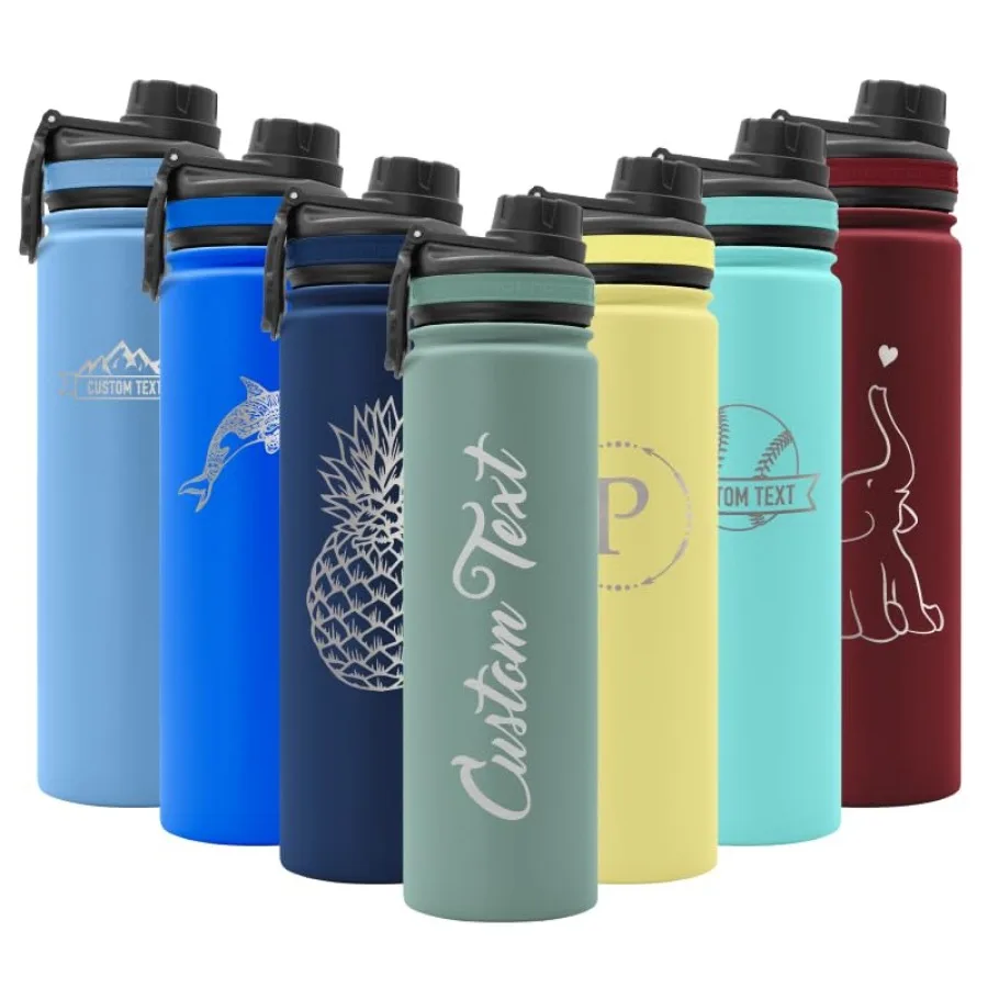 22 oz Vacuum Insulated Sport Bottle Custom Laser Engraved Options Stainless Steel, Double-Walled, Wide Mouth