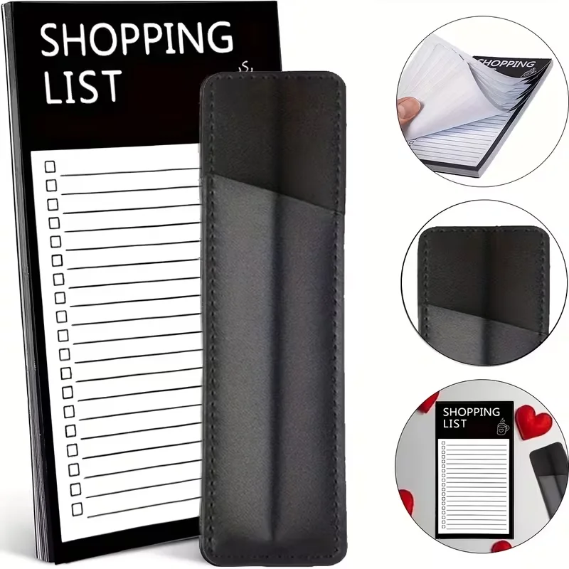 A magnetic shopping list notebook with a high-quality leather pen holder - a sturdy storage box for the refrigerator. Refrigerat