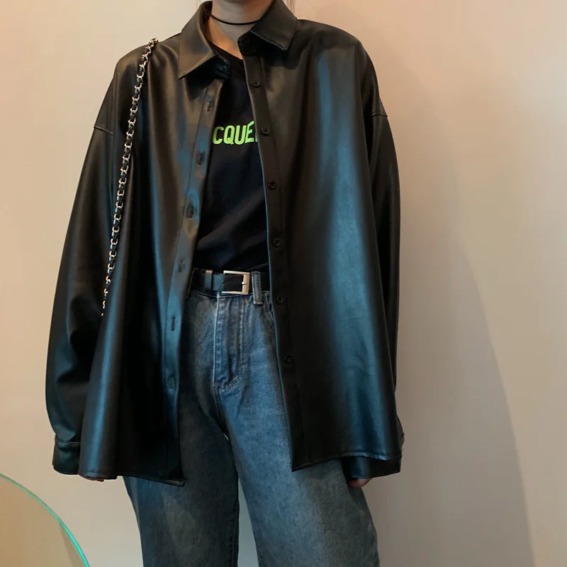 Blusas de couro PU gótico vintage falso feminino, extragrande, gola virada para baixo, jaqueta de motociclista, preto, outono, novo, 2022