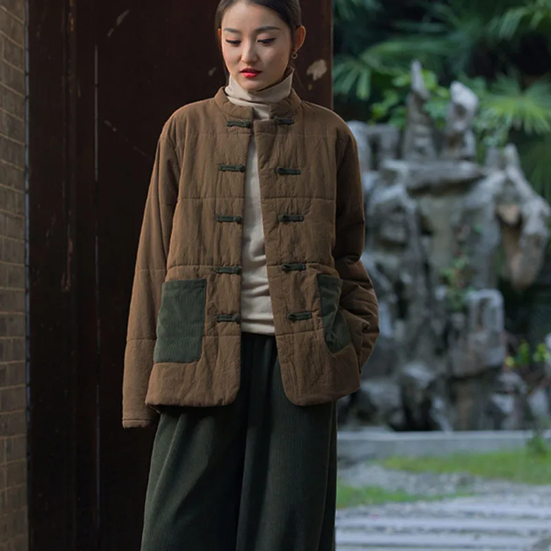 

New Chinese Cotton Linen Solid Color Patch Cloth Loose Thin Quilted Jacket Ladies Frog Button Fashion Retro Sewn Warm Short Coat
