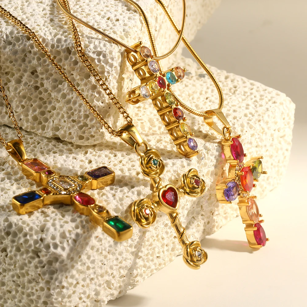 E.B.belle Luxury Multicolor 3A Zircon Cross Pendant Necklace High Quality Stainless Steel PVD Plated Shiny Party Wedding Jewelry