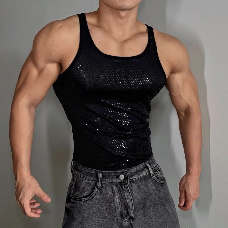 Y2K Subculture American Fashion Trend Versatile Vest Sports Style Sequin Round Neck Sleeveless Men's Vest