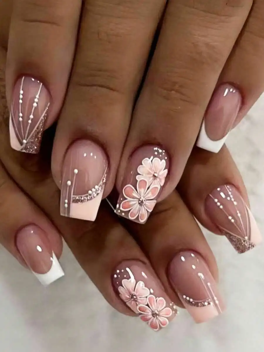 

24Pcs Medium Square French Fake Nails, High-End White & Orange Ombre Floral Design Nail Art Stickers, Suitable For Party, Ball,