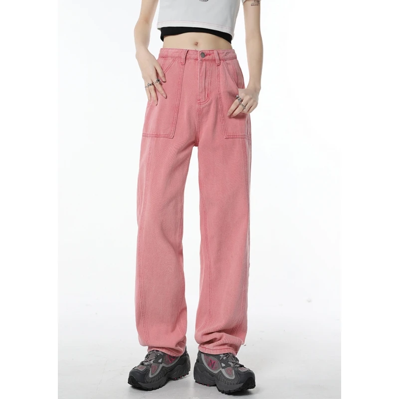 

Women's Bottoms Pink Jeans Vintage American Fashion Streetwear Style Wide Leg Jean Female Baggy Trouser Straight Denim Pants