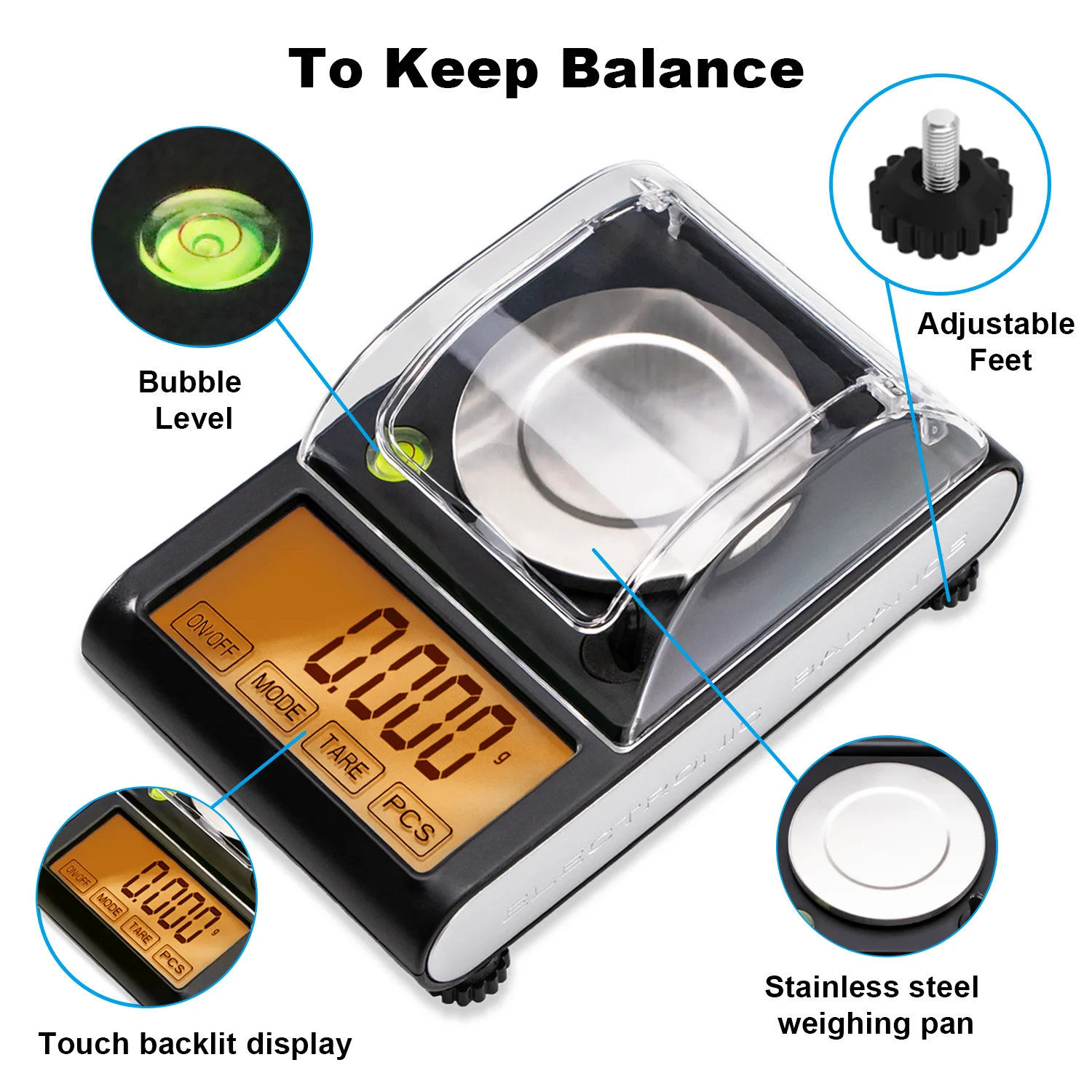 50g 0.001g LCD Touch Digital Milligram Scale  Jewelry Gold Lab Scales  with 6 Units, Tare Weights, Calibration Weights