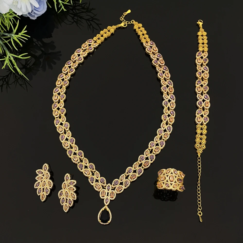 

JRH Glamorous Zircon Inlay Jewelry Gold Plated Brass 4-Piece Bracelet Necklace Earrings Ring Luxury Evening Party Set