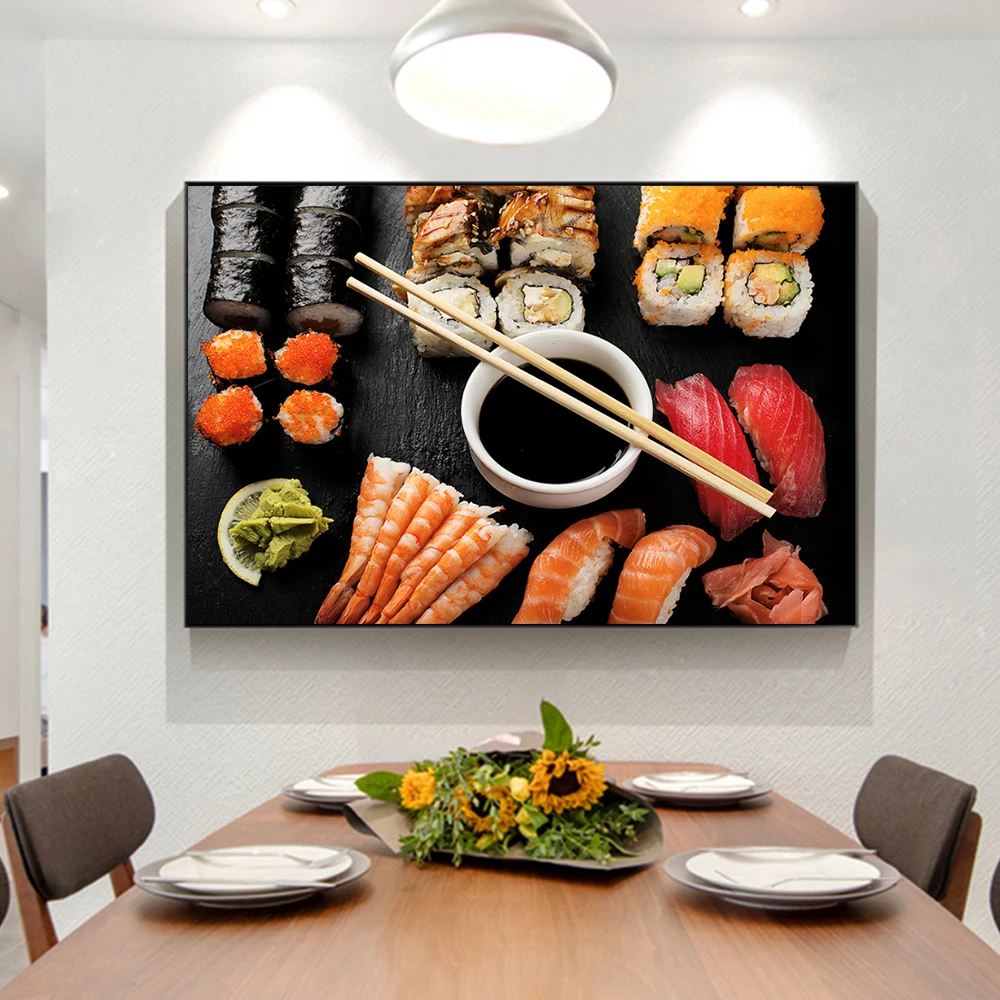 Póster de cocina japonesa, salmón, Sushi, queso, especias, arte de pared, lienzo impreso, pintura, fondo de restaurante, decoración de cocina