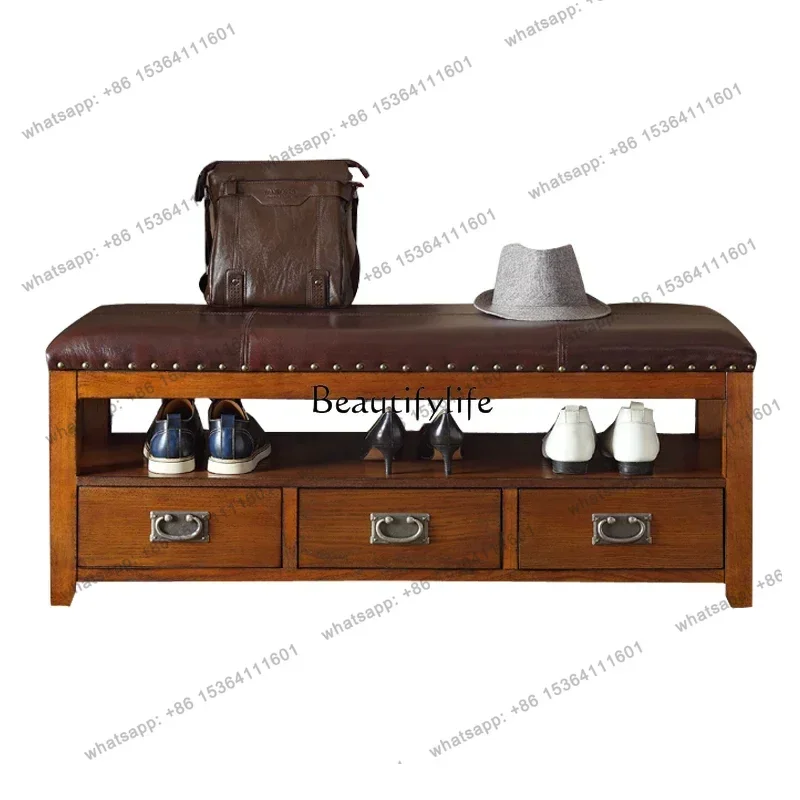 56American solid wood shoe changing stool leather upholstered multi-functional simple with pumping storage shoe cabinet