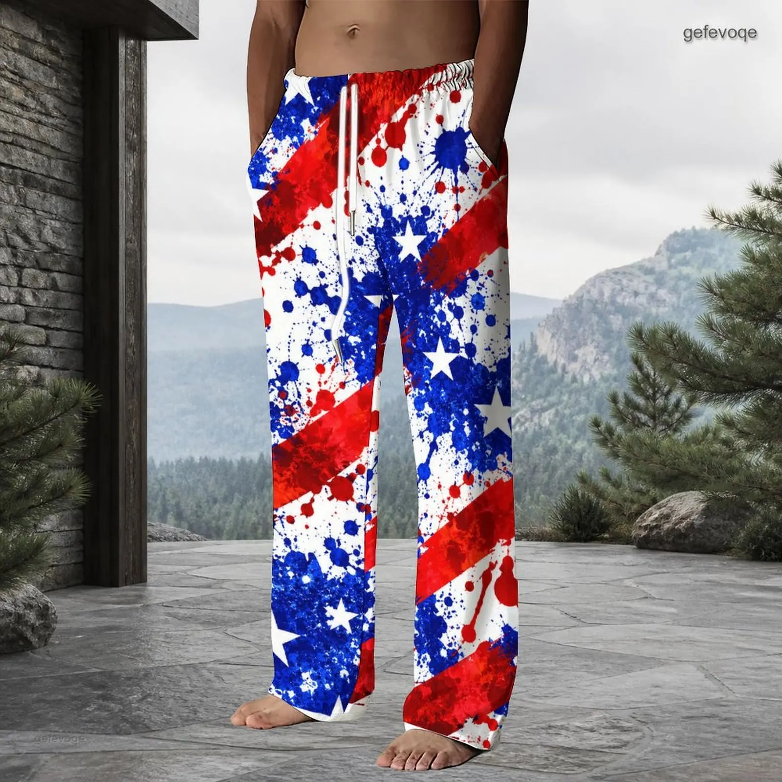 Men Flame Printed Drawstring Waist Full Length Straight Leg Long Pants