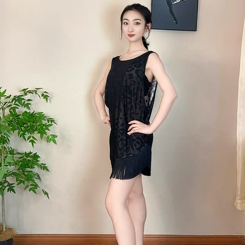 Femmes noir Camisole robe de danse latine 2025 été Sexy dos nu gland jupe adulte Cha Cha vêtements d'entraînement jupe à franges