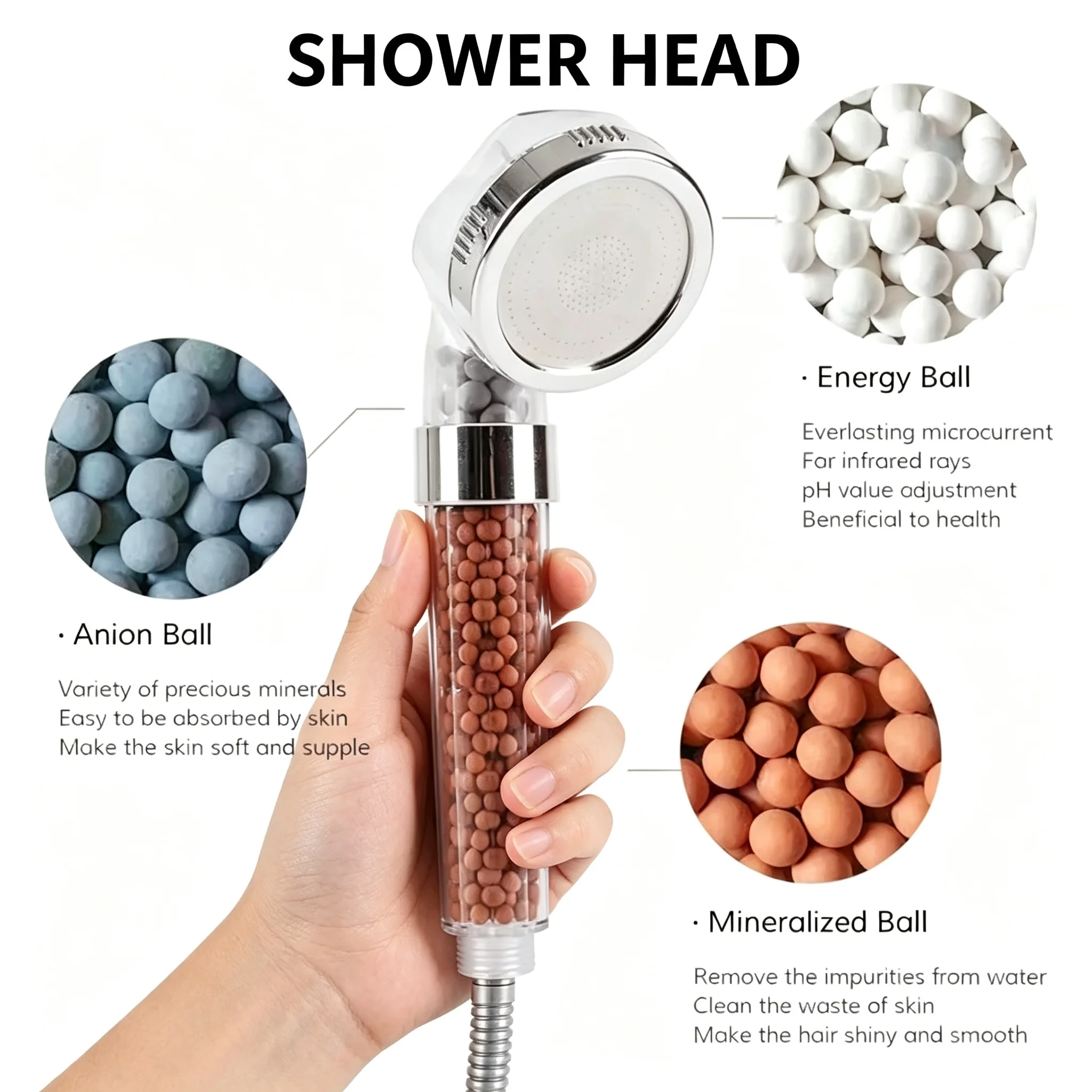 High Pressure Handheld Shower Head with Double Filtration Activated Carbon Balls Beads Adjust pH for Healthy Skin & Hair