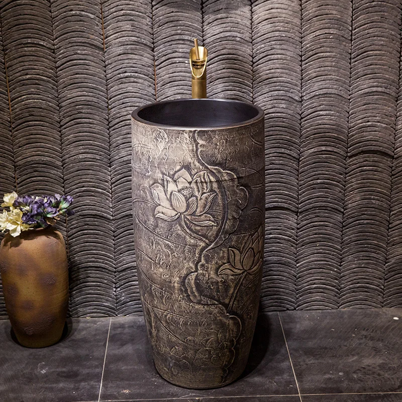 Ceramic outdoor antique floor standing washbasin with integrated column basin