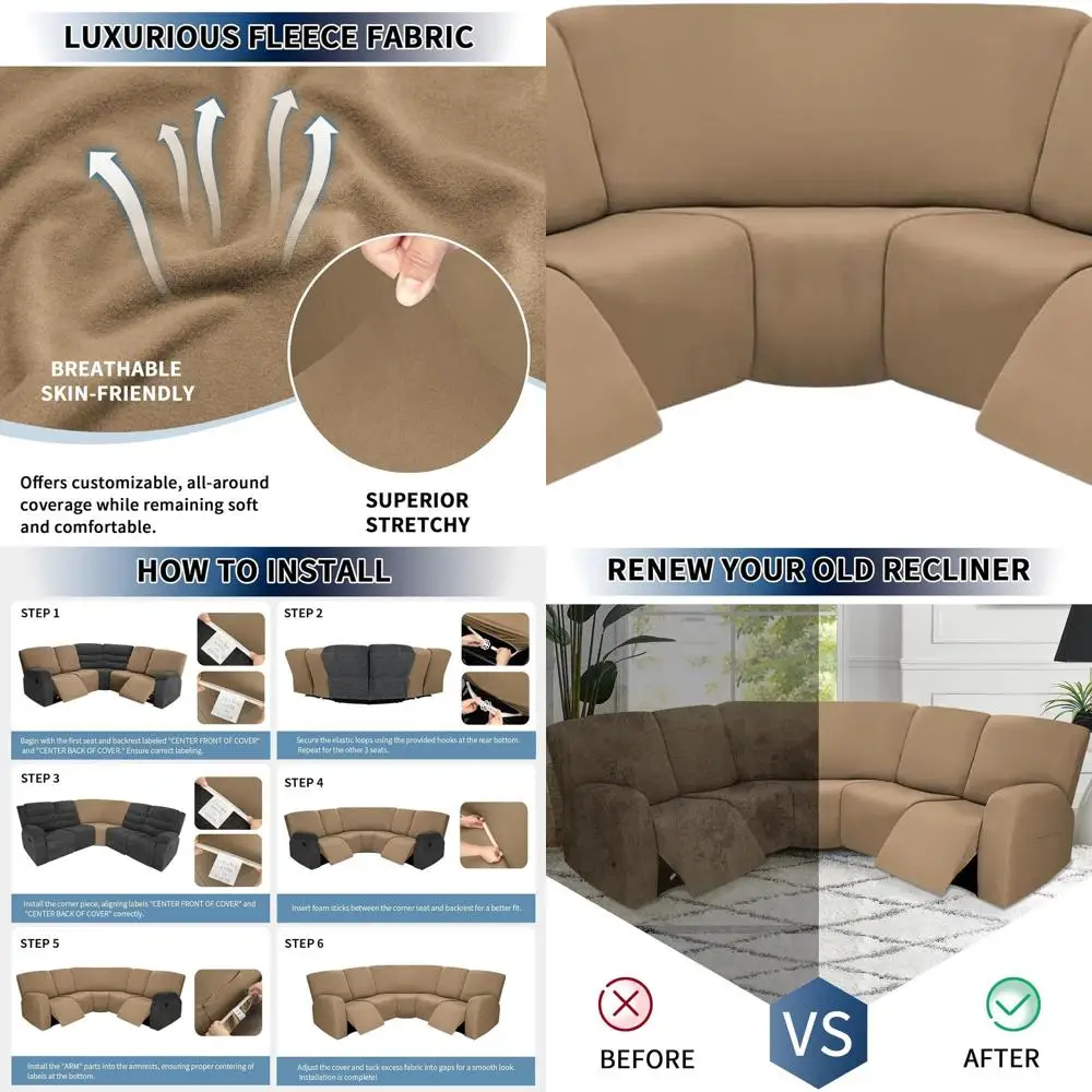 

Extra Large Recliner Couch Covers, 5 Seat L-Shape Sofa Slipcovers, Stretch Washable Fleece, Camel Color, with Pockets