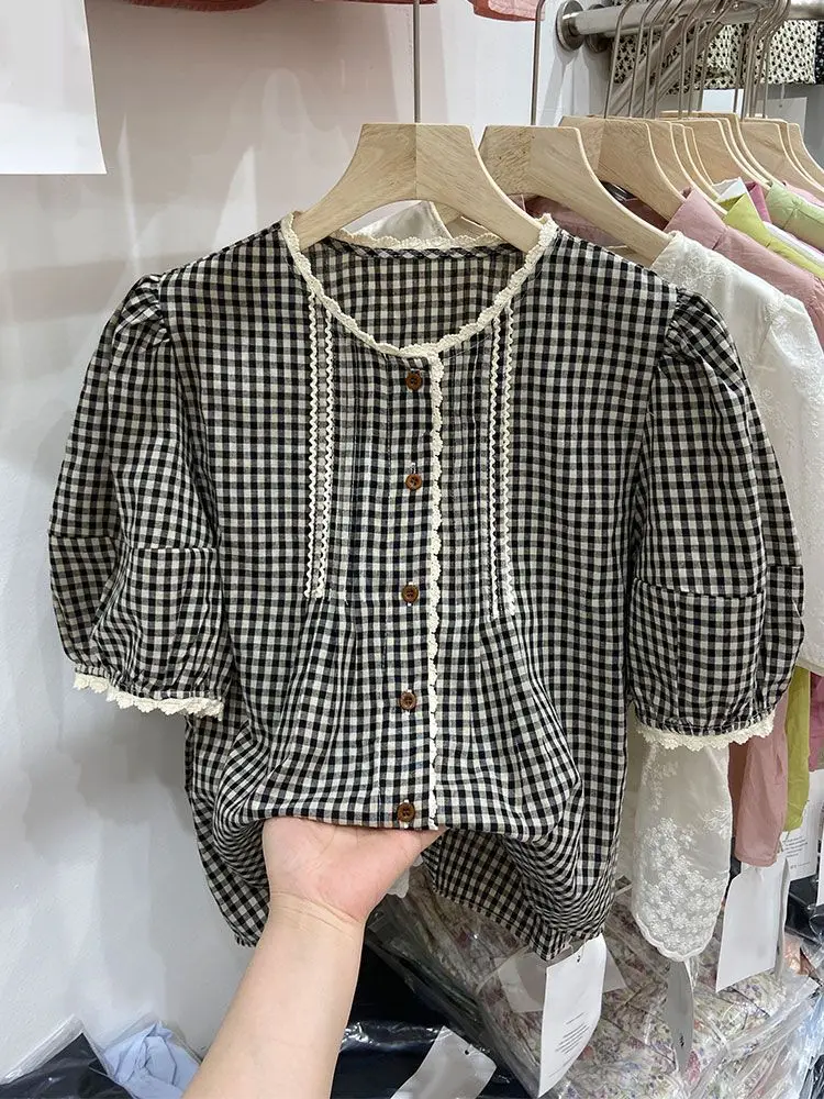 

Кружевная кружевная Лоскутная новая клетчатая рубашка для женщин новинка летний модный короткий топ с рукавами-фонариками