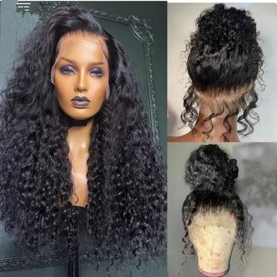 Peruca longa e encaracolada dianteira do laço para mulheres, 26 ", preto, sem cola, macio, densidade 180, cabelo do bebê, sintético, pré-arrancado, resistente ao calor