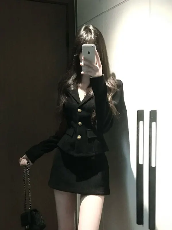 

Hebe Style V-Neck Coat And Skirt Two-Piece Set Warm Casual Fashion Autumn Workwear Women's Slim Fit Button up Outerwear