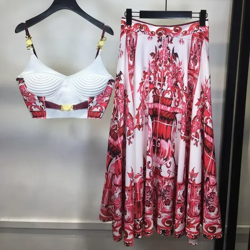 Women Bohemian Blue White Porcelain Print 2 Piece Set Spaghetti Strap Padded Cami Top Long Skirt Suit Summer Beach Vacation