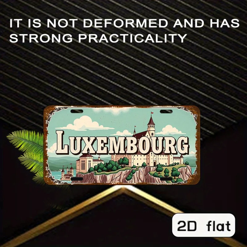HD Aluminum Metal Sign, Luxembourg Vintage License Plate Style Wall Decor, Retro Castle Landscape Distressed Design Tin Poster f